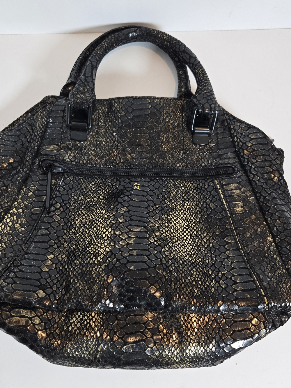 Elliott Lucca Black and Gold Snake-Embossed Satchel